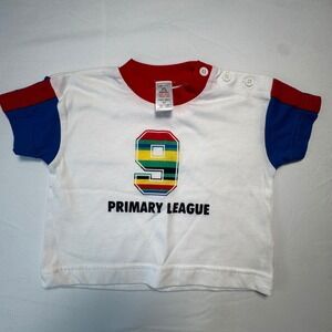 Vintage Berkertex Baby T Shirt Primary League Tee White Blue Red 3-6 Months